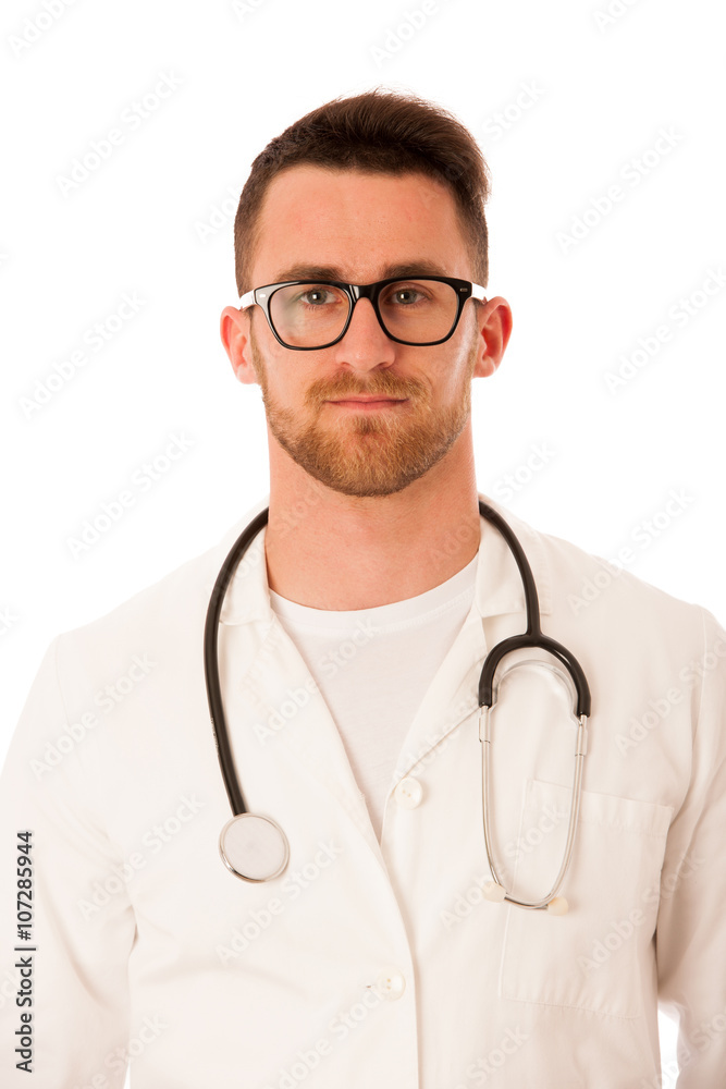 Handsome doctor in white robe with stethoscope around neck. Handsome doctor in white robe with stethoscope around neck.