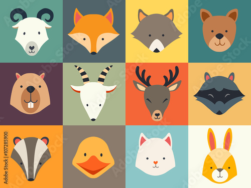 Fototapeta Naklejka Na Ścianę i Meble -  Set of cute animals icons, vector illustrations on colored background.