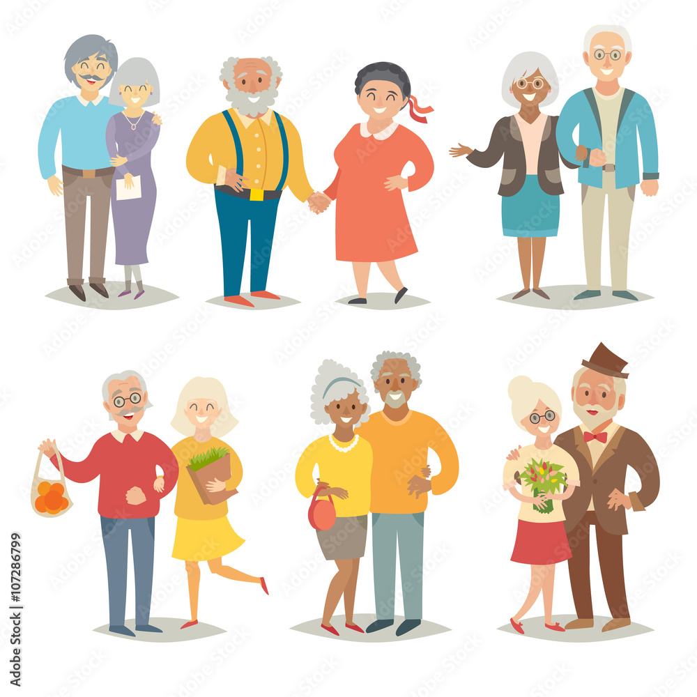 Old happy family. Pensioner happy family. Cartoon characters happy pensioner family. Flat style vector illustration isolated on white background