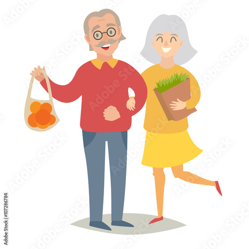 Vegetarians old people. Happy senior people, man and women. Flat vector illustration. Cartoon characters on isolated background photo