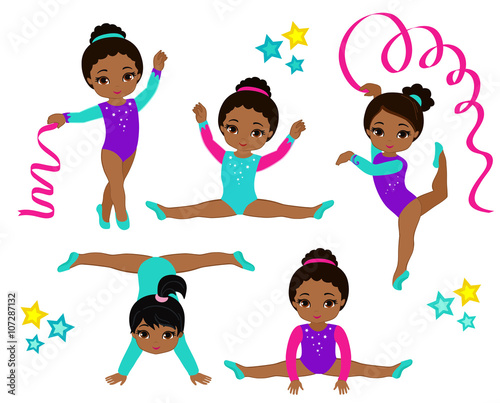 Gymnastics cute multicultural girls set. Vector illustration.