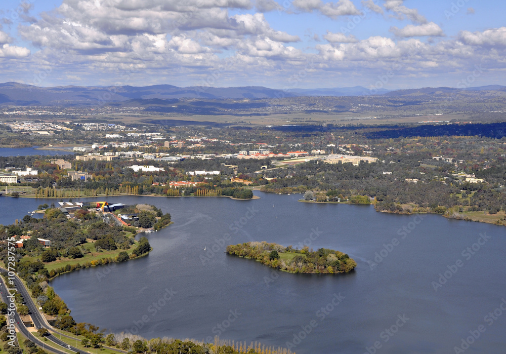 aerial view of Canberra towards the Burley Griffin lake, Australia seen from the Black Mountain Tower  toward the Burley Griffin Lake