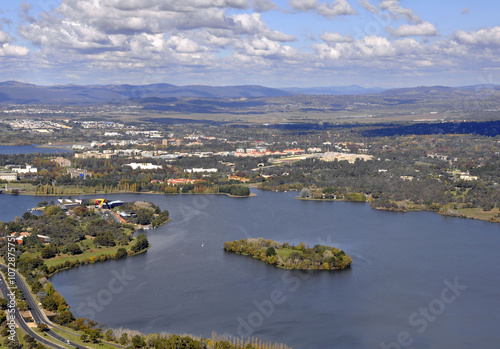 aerial view of Canberra towards the Burley Griffin lake, Australia seen from the Black Mountain Tower toward the Burley Griffin Lake