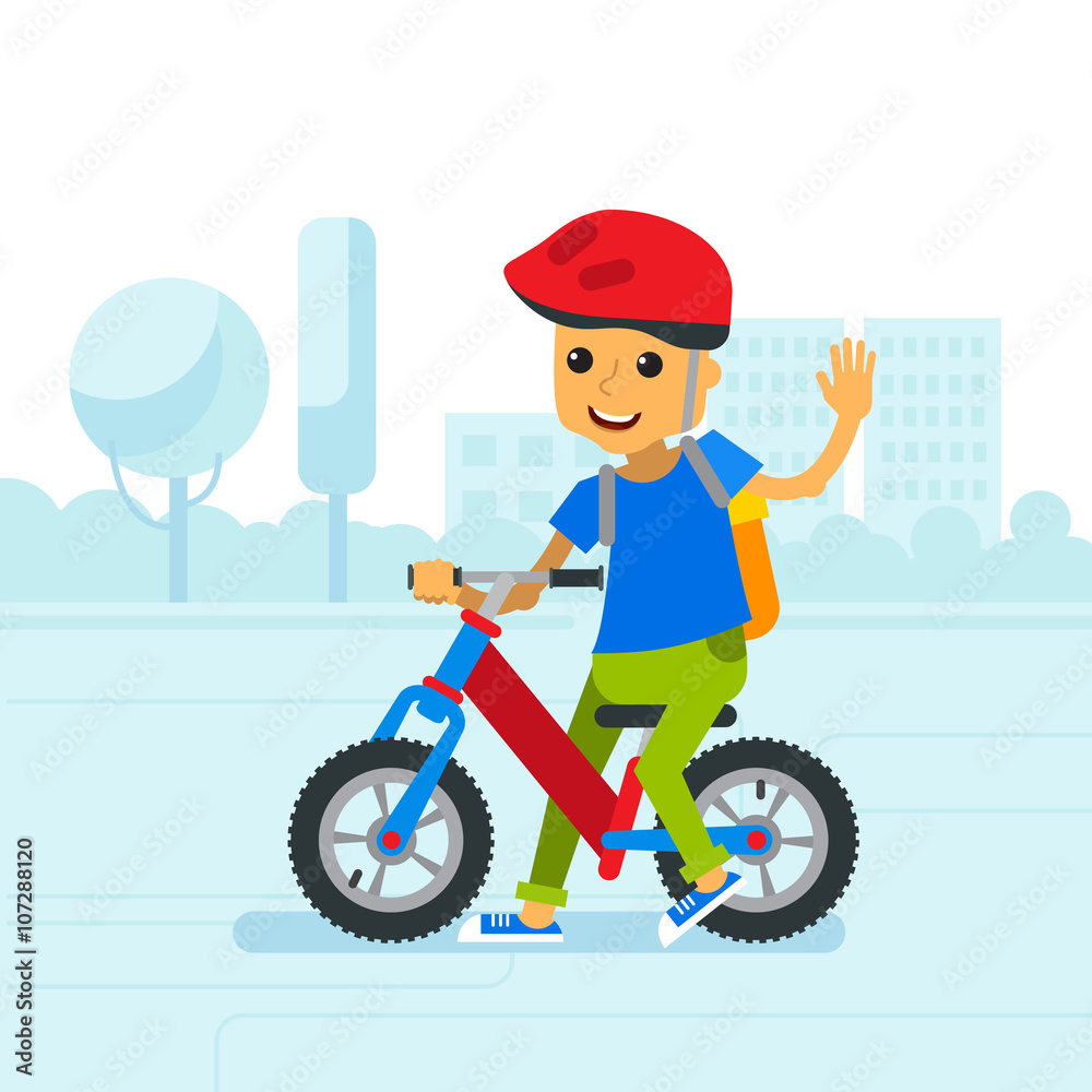 Vector illustration children riding bicycle in park city. Happy cartoon  children with balance bike riding bicycle on the background of the city.  Bicycle balance bike flat style. Stock Vector | Adobe Stock