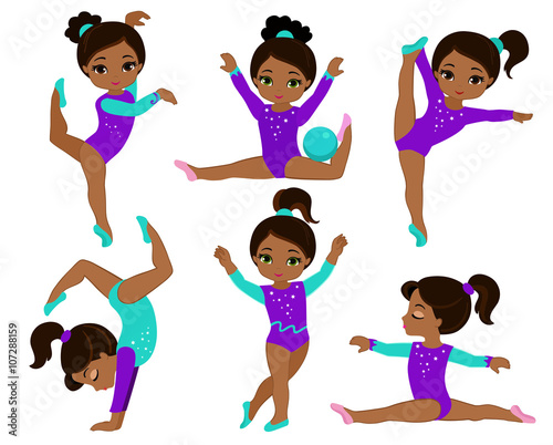 Gymnastics cute multicultural girls set. Vector illustration.