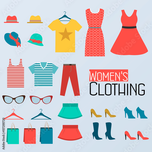 Fashion women's clothing concept infographic template. Icons design for your product or design, web and mobile applications. Vector aircraft with long shadow on a blue background illustration