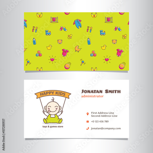 Vector business card template with cute baby shop logo
