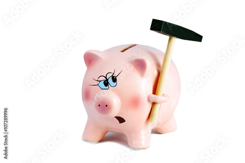 Scared Pretty Piggy Bank with hammer, Inflation on a White Backg photo