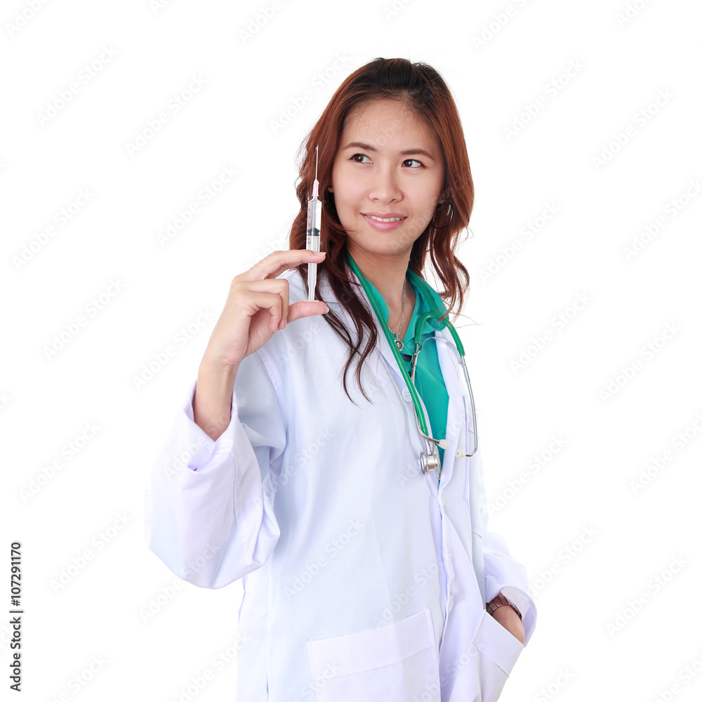 woman doctor with syringe isolated white background woman doctor with syringe isolated white background