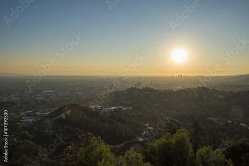 Griffith Park Trails and Century City at Sunset, sunlight and smog
