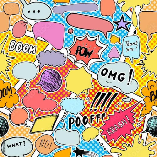 Tapety Bezszwowy deseniowy tło z handdrawn komiks mową gulgocze, wektorowa ilustracja