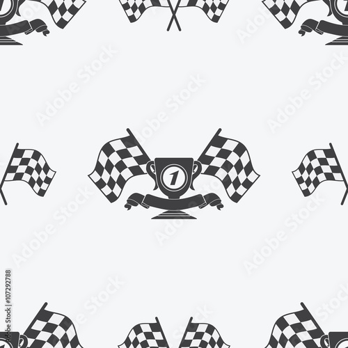 Checkered Flag or racing flags icon seamless pattern first place prize cup and finish ribbon. Sport auto, speed and success, competition and winner, race rally, vector illustration