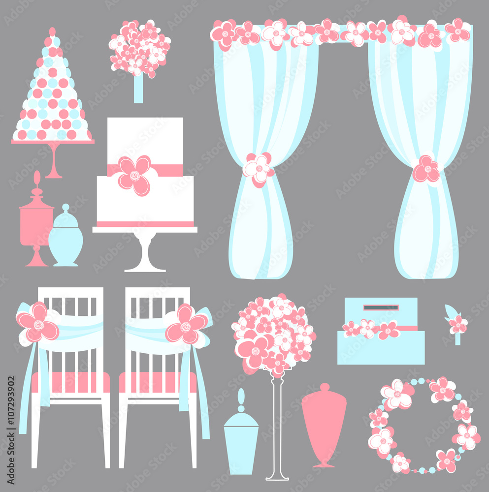 Vector set of decorative wedding elements . Chairs,arch,cake, flowers.Vector illustration .