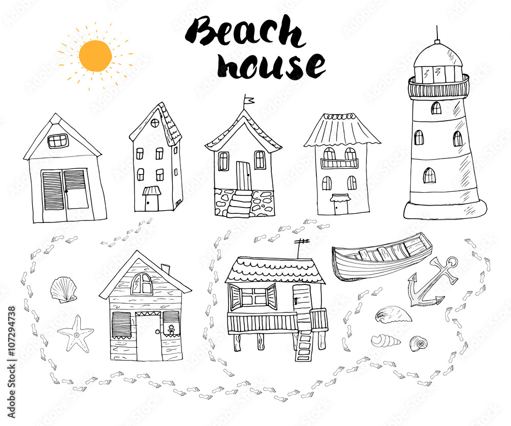 Beach huts and bungalows, hand drawn outline doodle set with light house wooden boat and anchor, seashells and footsteps on sandy beach, vector illustation isolated on white background