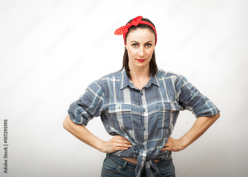 Modern spin on Rosie the Riveter, a cultural icon representing the American women who worked in factories during WWII in the “We can do it !” campaign, she is commonly used as a symbol of feminism Modern spin on Rosie the Riveter, a cultural icon representing the American women who worked in factories during WWII in the “We can do it !” campaign, she is commonly used as a symbol of feminism