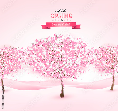 Spring background with cherry blossom trees. Vector.