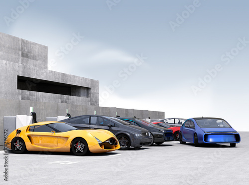 Fototapeta Naklejka Na Ścianę i Meble -  Blue electric car park into parking lot. 3D rendering image.