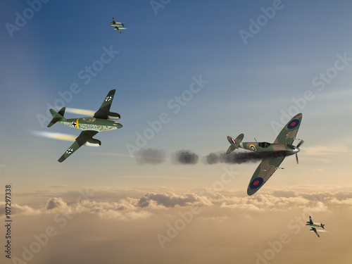 World War 2 German Jet Fighter attacking British illustration photo