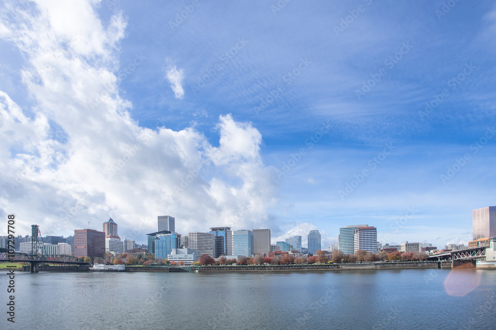 tranquil water with cityscape and skyline of portland tranquil water with cityscape and skyline of portland