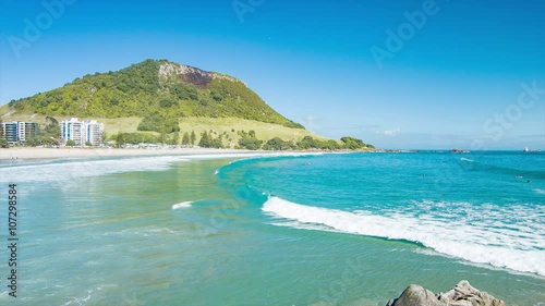 Mount Maunganui in Tauranga New Zealand Viewed from Moturiki Island with Ocean Bay on the Main Beach of the Popular Vacation Destination photo