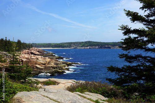 Shoreline view with boulders and surf breaking over with blue water and bright sky and coniferous forest on the background.