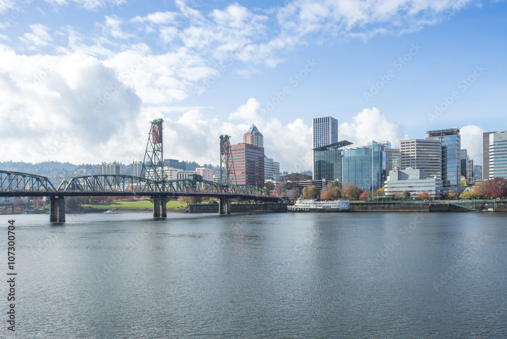 tranquil water with cityscape and skyline of portland