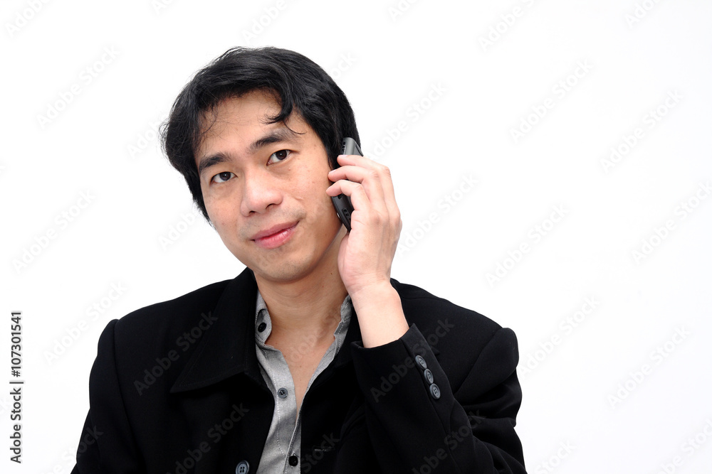 Happy Businessman holding a cell phone for communication Happy Businessman holding a cell phone for communication