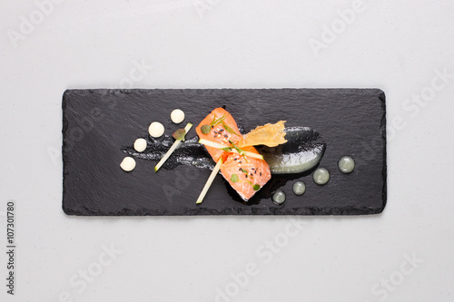Smoked salmon and sauce cooked by molecular gastronomy technic
