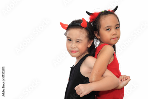 Scary cute little asian girl best friend in black and red Hallow