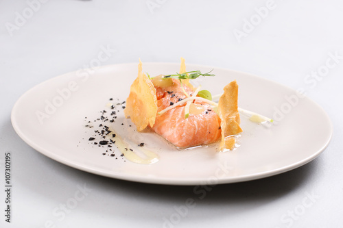 Fototapeta Naklejka Na Ścianę i Meble -  Smoked salmon and sauce cooked by molecular gastronomy technic