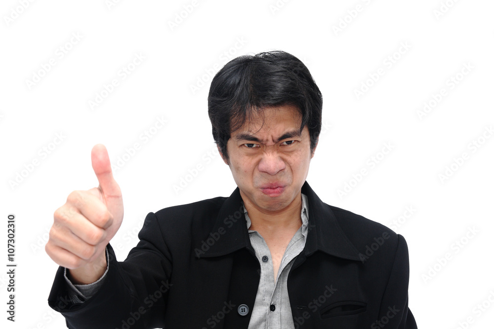 Stress businessman showing thumbs up gesture isolated on white b Stress businessman showing thumbs up gesture isolated on white b