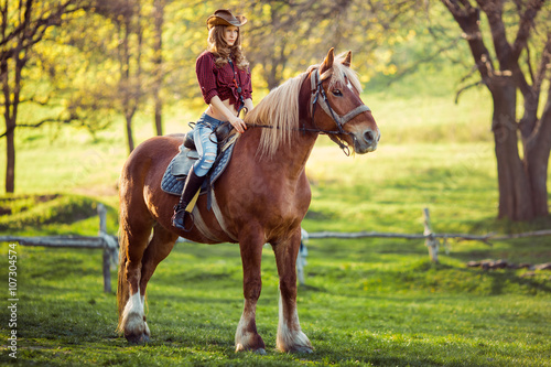 Beautiful girl riding horse on summer field © Buyanskyy Production