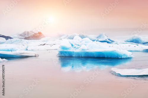 Blue icebergs in Jokulsarlon glacial lagoon