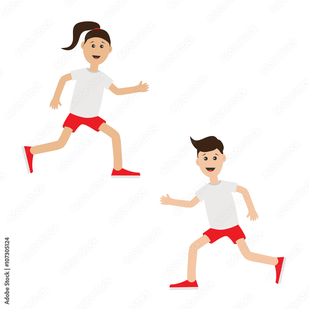 Funny cartoon running girl and boy Cute run woman, man. Jogging lady Runner  couple Fitness workout running male female character Isolated White  background. Flat design Stock Vector | Adobe Stock