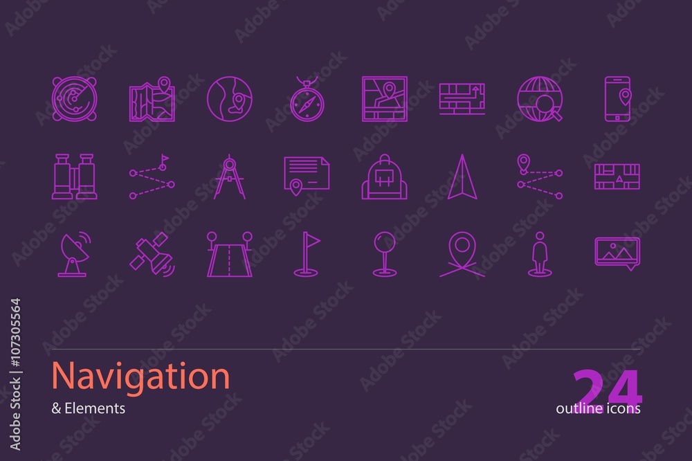 Set of vector navigation outline icons. Set of vector navigation outline icons.