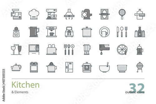 Set of vector kitchen and cooking outline icons. Colorless.