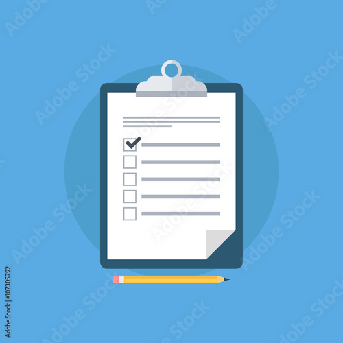 Survey vector icon. Survey clipboard. Checklist and pencil. Survey form. Survey results. Report board. Clipboard. Vector illustration.