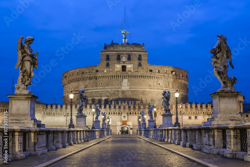 Saint Angel Castle (Castel Sant Angelo) and bridge (Ponte Sant Angelo) over the Tiber river in the morning, Rome, Italy 