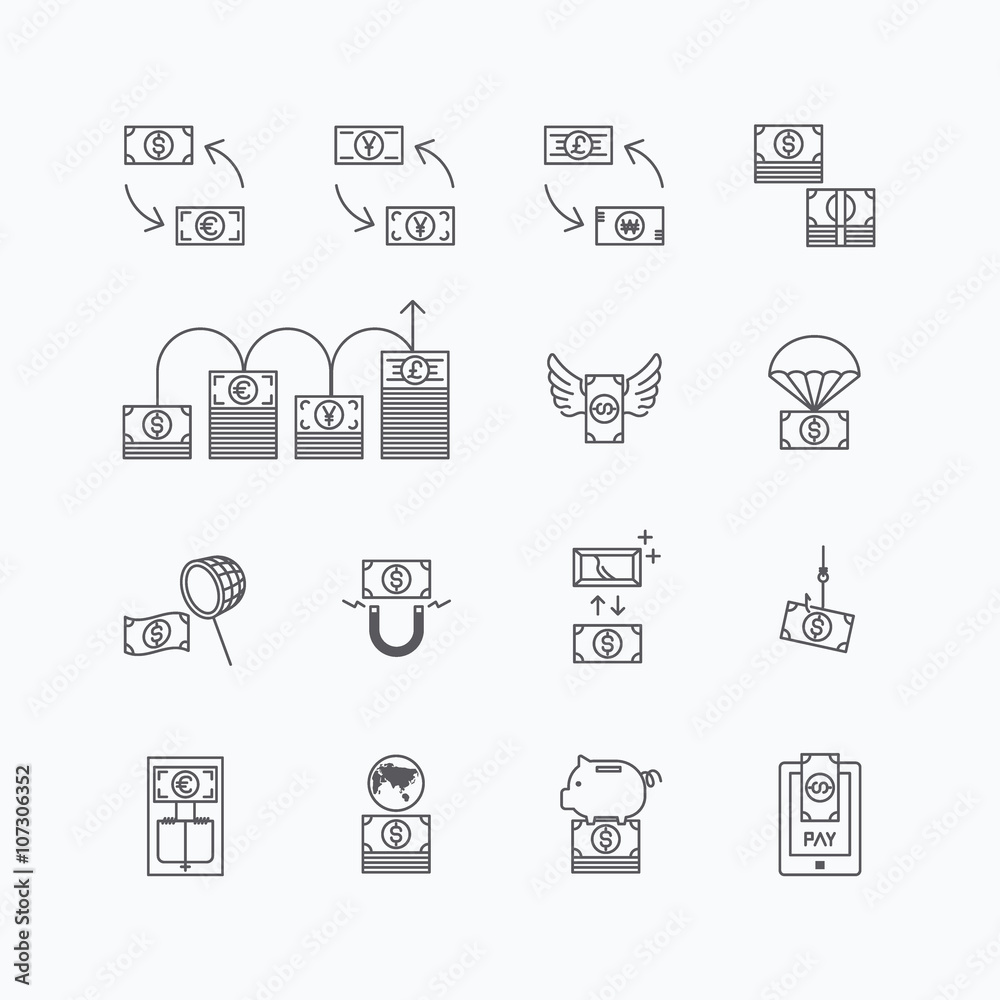 vector linear web icons set - business money currency bill conce vector linear web icons set - business money currency bill conce