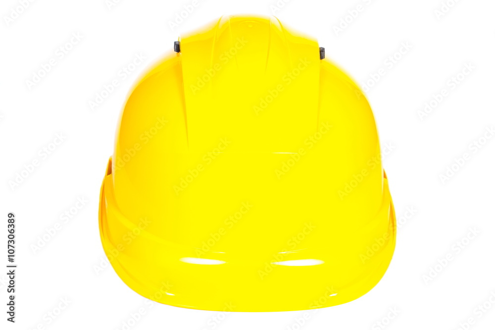 Fototapeta premium Closeup of yellow protective helmet on white background