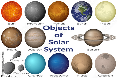 Space Set Planets Solar System, Sun, Earth, Moon, Venus, Mercury, Mars, Pluto, Charon, Phobos, Deimos, Gaspra, Neptune, Jupiter, Saturn and Uranus. Elements Furnished by NASA. Vector