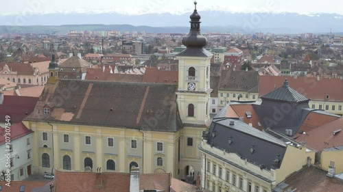 Top view of the Hermanstadt catholic church. Sibiu (German: Hermannstadt, Transylvanian Saxon dialect: Härmeschtat, Hungarian: Nagyszeben is a city in Transylvania, Romania), photo