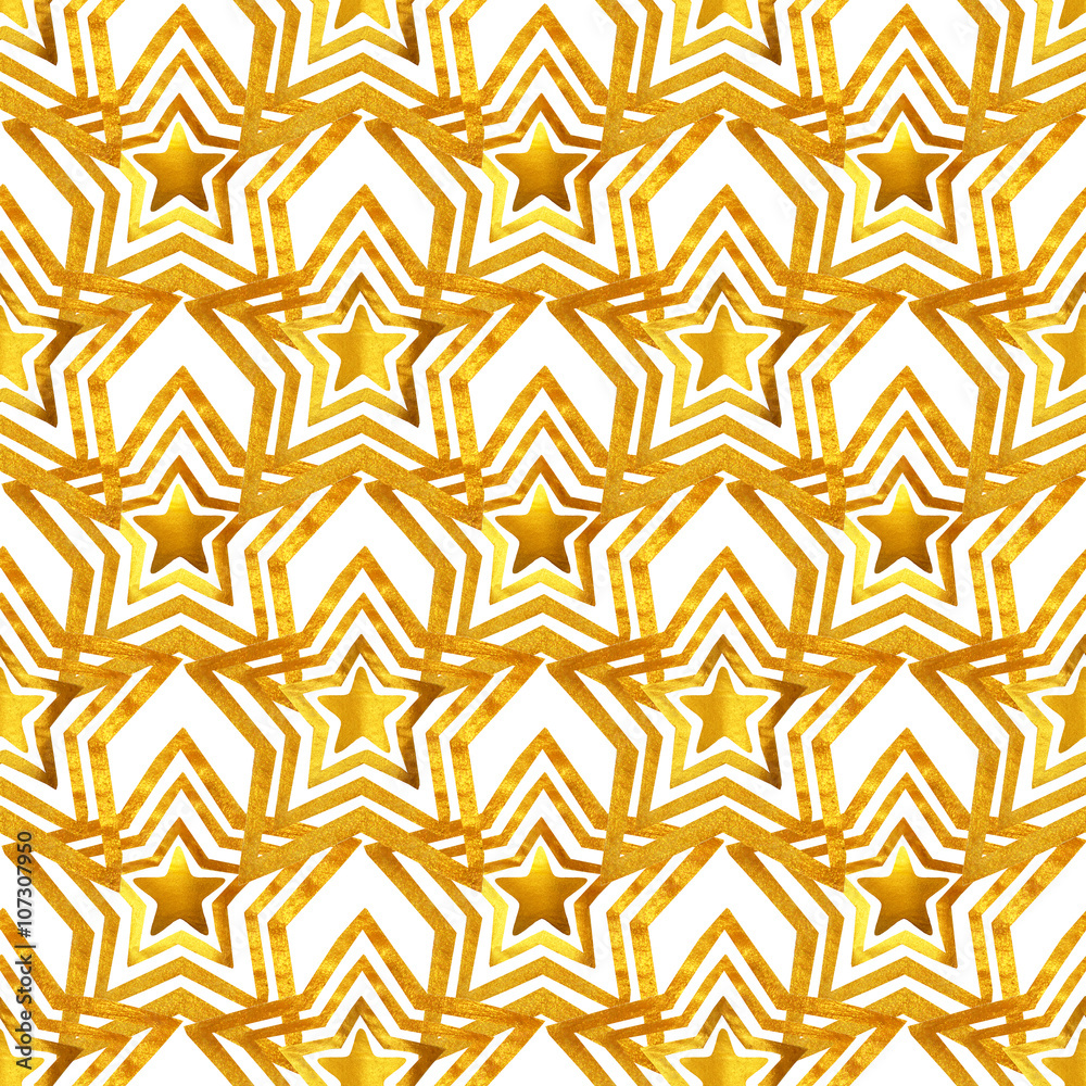 Seamless pattern with golden hand-painted stars on white background