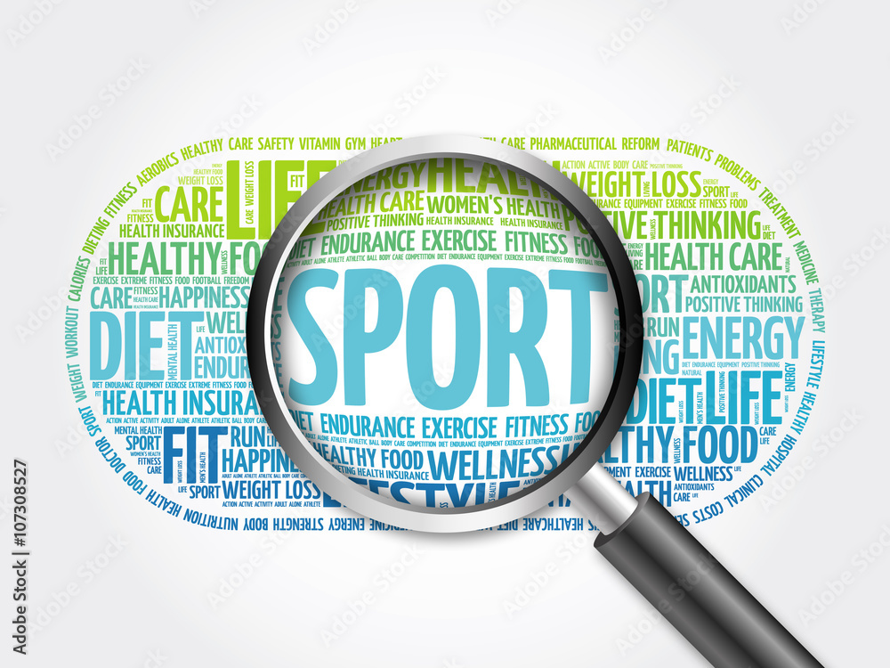 SPORT word cloud with magnifying glass, health concept SPORT word cloud with magnifying glass, health concept