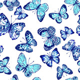 Seamless colorful beautiful hand drawn butterfly silhouettes pattern on white background, bright summer allover print