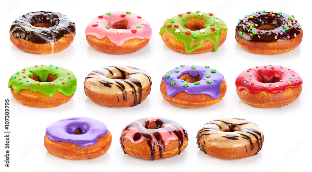 Donuts with colored glaze and chocolate, isolated on white backg Donuts with colored glaze and chocolate, isolated on white backg