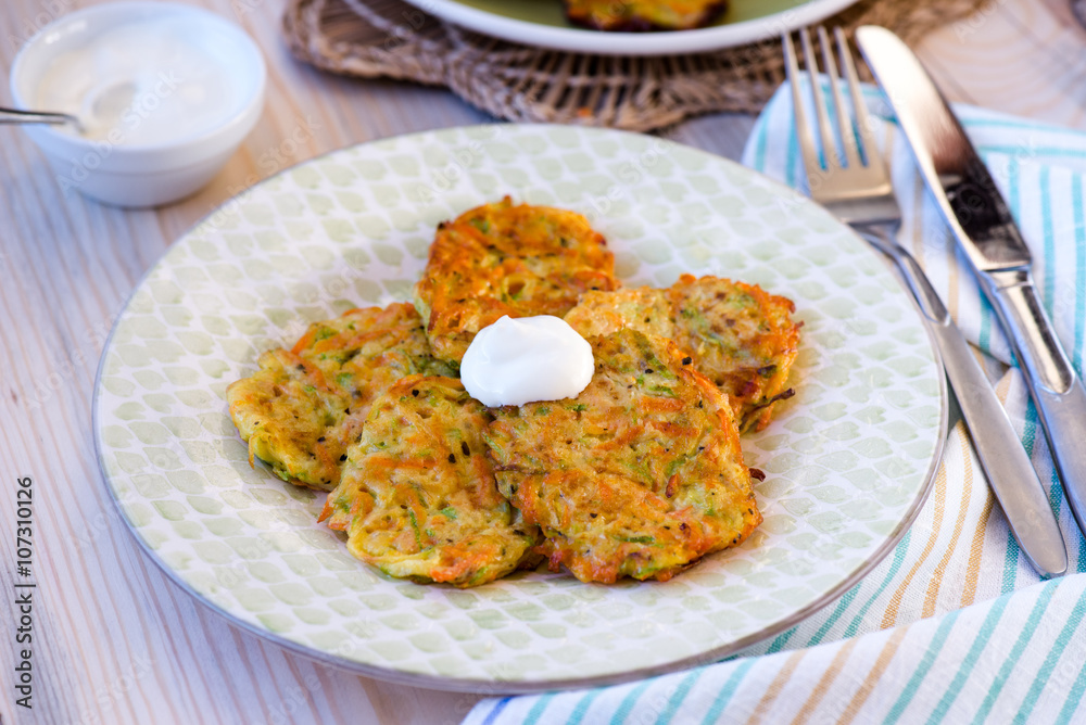 Courgette pancakes served with yogurt
