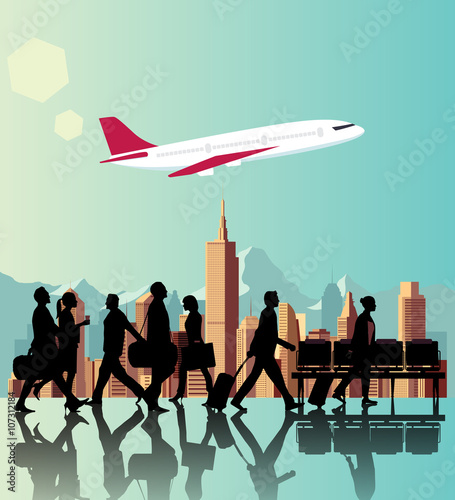 Silhouette people on airport background.