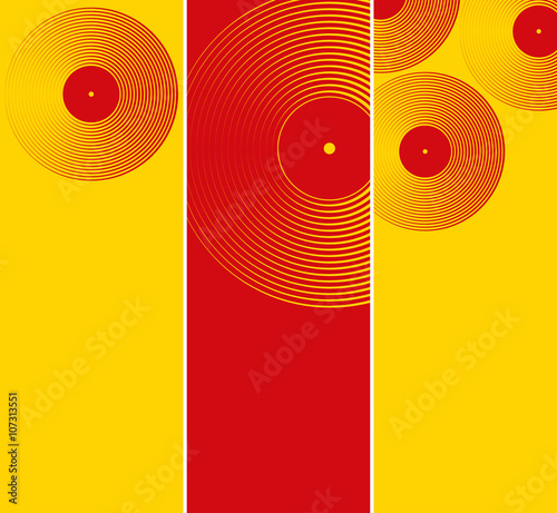 3 vinyl records pattern bookmarks in pop red and yellow