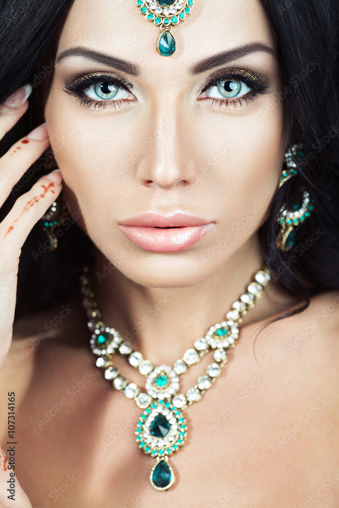 Beautiful Brunette Woman With Indian Jewelry Glamour Style